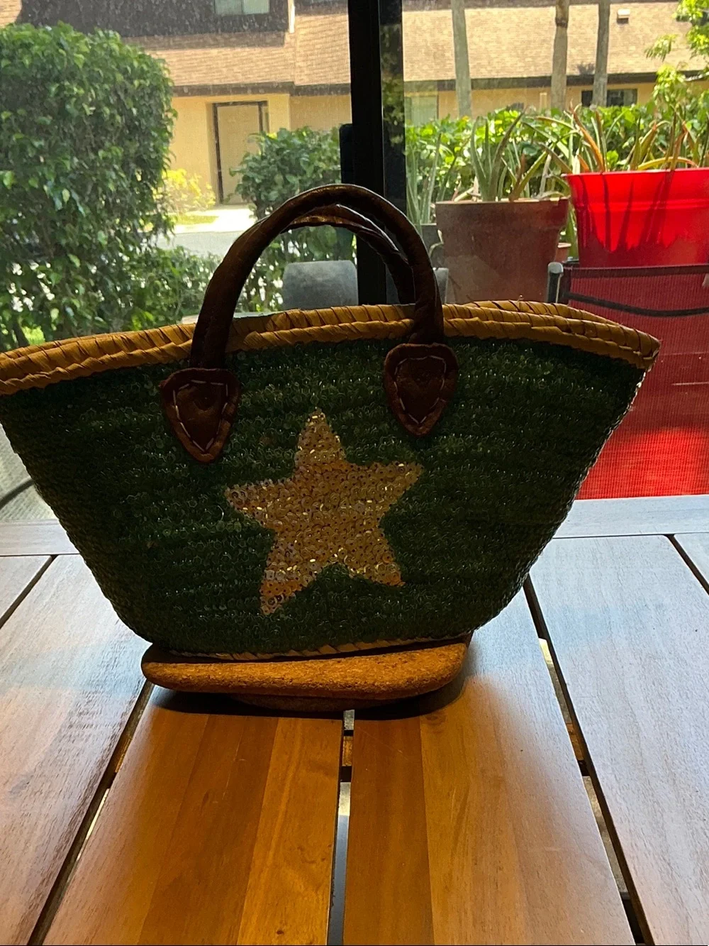 Green Woven Tote with Star Accent and Brown Handles